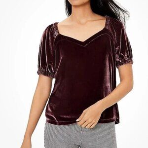 LOFT Short Puff Sleeve Sweetheart Neck Velvet Top Blouse - Burgundy - Small P